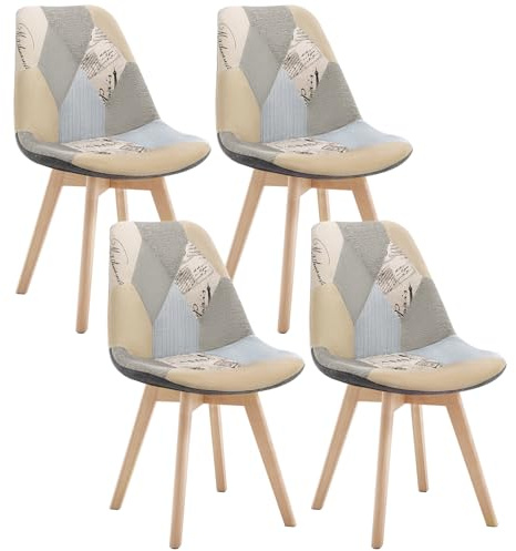 WOLTU Juego de 4 Sillas de Comedor Bohemia,Silla de Cocina Patchwork de Lino con Patas Cruzadas de Madera Maciza,Tapizadas para Dormitorio,Sala de Estar,Gris Caqui