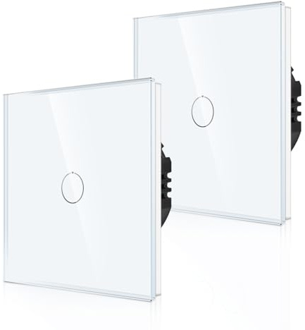 CNBINGO 2-pack 1-vägs touch-strömbrytare - vit väggbrytare med glaspanel och status-LED-bakgrundsbelysning - ingen neutral kabel krävs - 500 W/Fach - 1 gäng