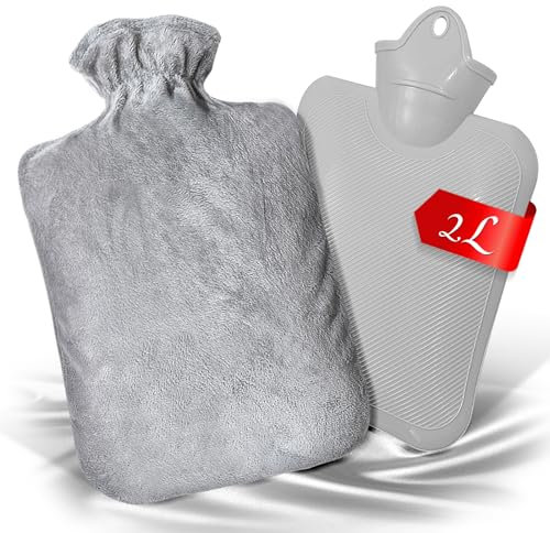 Wärmflasche mit Weichem Bezug,Wärmflasche Groß,Hot Water Bottle,Wärmflaschenbezug,Bettflasche,2L Groß Füllmenge Gummi Handwärmer für Kinder & Erwachsene,Frauen Geschenk,Schmerzlinderung(Grau)