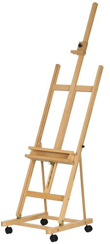 Vinsetto Chevalet d'artiste pliant sur roulettes en bois de hêtre pour toiles jusqu'à 118 cm, hauteur réglable, inclinaison réglable de 90° max. avec porte-pinceau en bois naturel
