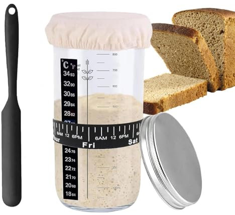 Eidoct Sourdough Starter Jar Kit, 1000ml Sourdough Starter Jar with Aluminum Lid, Date Marked Feeding Band, Silicone Scraper, Cloth Cover and Thermometer Band