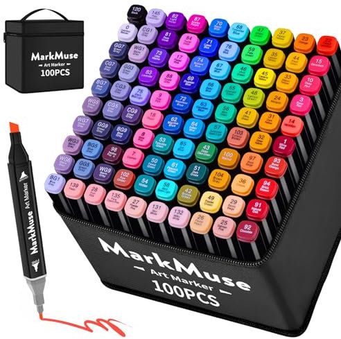 MarkMuse 100 Alkohol Marker Set, Doppelspitze (Meißel & Feinspitze) Blitzschnell Trocknende Alkohol Marker Stifte für Künstler, Designer & Anfänger – Ideal für Manga, Design, Illustration, Architektur