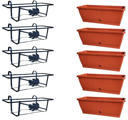 RagStore Set 5 pz Balconetta ferro per ringhiera completa di vaso da 50 cm