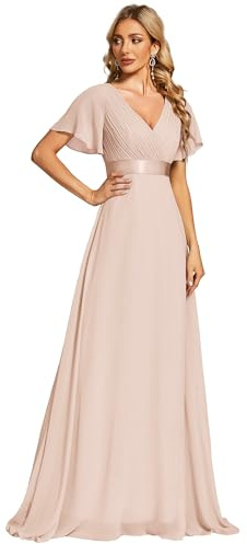 Ever-Pretty A-línea Vestido de Fiesta Cuello en V Manga Corta Gasa Corte Imperio para Mujer 09890