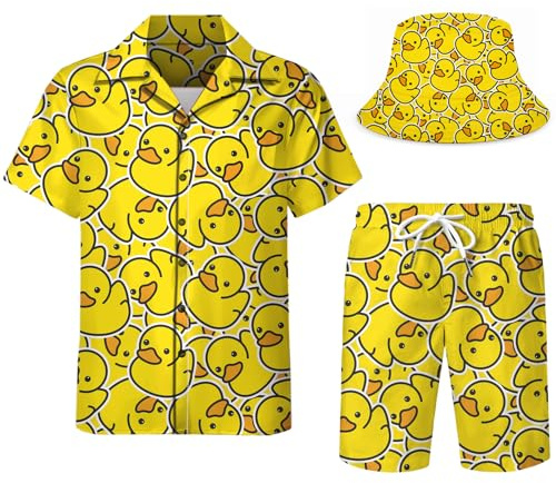 Spanoous Mens Hawaiian Shirts and Shorts Set Funny Hawaiian Shirts for Men Beach Outfits Sets with Bucket Hats, Color-21, X-Large