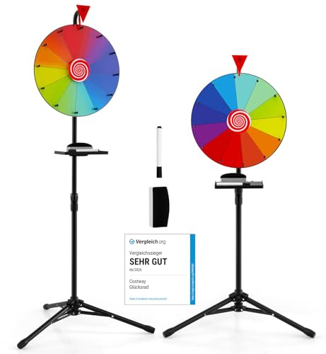 COSTWAY 16 Ruleta de La Suerte con Soporte de Trípode Plegable, Rueda Giratoria Ajustable en Altura con Bandeja, Marcador y Borrador, Rueda Colorida con 12 Espacios para Juegos y Eventos(16 Pulgadas)