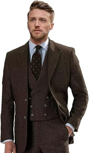 TSxuelian Costume 3 pièces en tweed pour homme - Coupe ajustée - Double boutonnage - Costume en tweed à chevrons - Costume en laine - Costume de bal de fin d'année, de mariage, marron foncé, XL