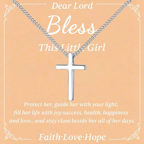 Myfresty 925 Sterling Silver Cross Necklace for Women Girls Kids - Silver Faith Cross Chain Necklaces for Kids Small Dainty Pendant Jewelry Gifts for Teenager, Easter First Communion Baptism Birthday