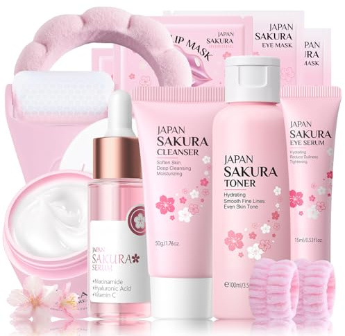 Sakura Kit de soins de la peau anti-âge pour adolescentes et filles avec rouleau pour le visage, toner, sérum, crème