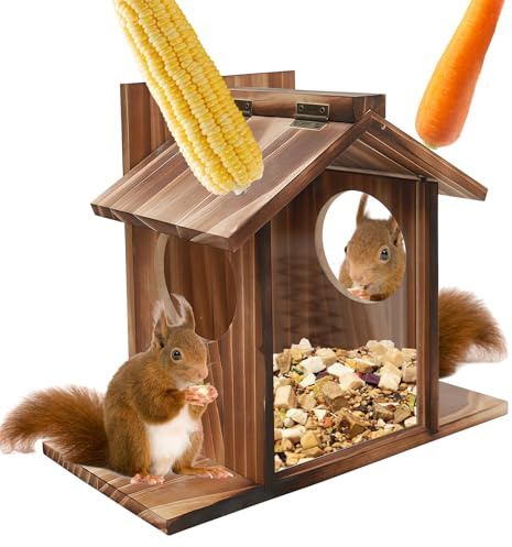 GOEDCH Casa de alimentación para ardillas: 33 x 23 cm, resistente a la intemperie, comedero de madera maciza, gran espacio de almacenamiento para semillas de girasol y cacahuetes para su uso en
