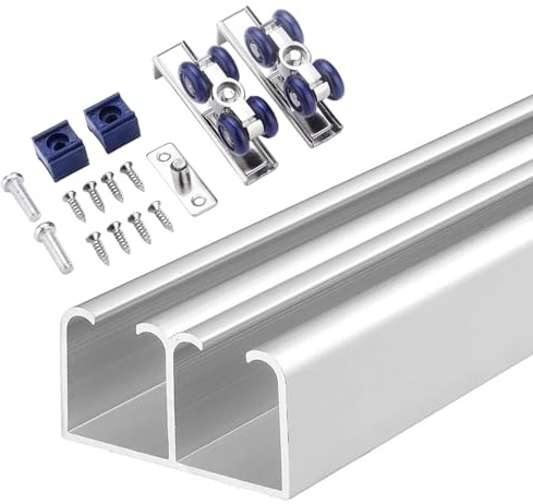 Binario per Porta Scorrevole Guida in Alluminio per Ante Doppie, Kit Ferramenta per Binario Bypass per Mobile, Set di Binari per Ante Scorrevoli con Montaggio Superiore(Silver,160cm(63in))
