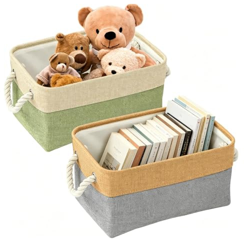 Kisstta 2 Stück Faltbare Aufbewahrungskorb 30x20x13 cm, Korb Aufbewahrung, Aufbewahrungsboxen mit Griff, Aufbewahrungskörbe Stoff, Aufbewahrungswürfel für Regal Schrank und Kleidung (Grün und Grau)