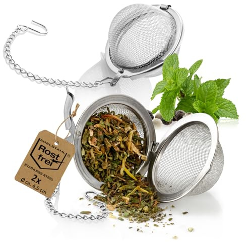 Robin Goods® 2x colini da tè in acciaio inox - infusore da tè a forma di sfera con catena Ø 4,5 cm - colino per tè, erbe e spezie facile da pulire - filtro da tè a maglia fine