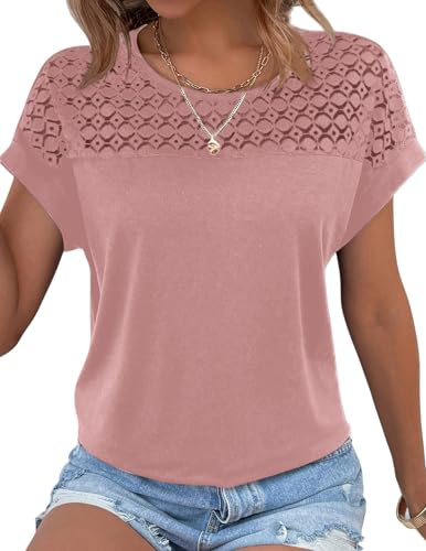 Zeagoo T-shirt d'été en dentelle pour femme - Col rond - Basique - Manches courtes - Élégant pour femme