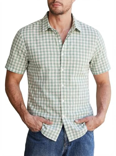 Halfword Uomo Camicia a Quadri Maniche Corte Cotone Gingham Popeline Tradizionale Oktoberfest Botton-Down Vichy Shirts