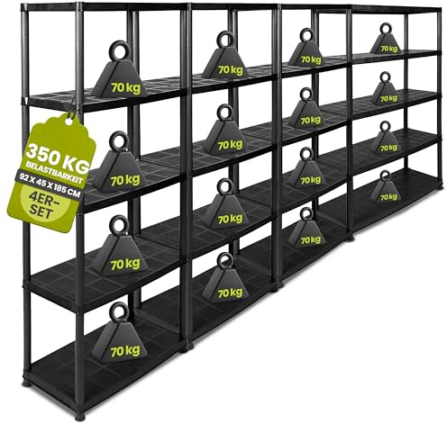Kreher 4 Stück XXL Kunststoffregal, Schwerlastregal, Kellerregal 5 Böden, Schwarz, max. 350 kg Traglast pro Regal. TÜV Rheinland