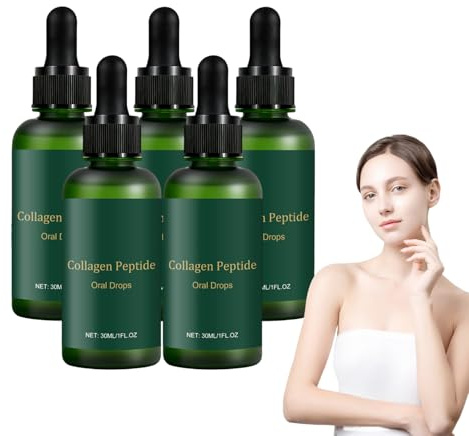 Kollagenpeptiddroppar för oral användning - Flytande kollagenpeptider för kvinnor och män - Flytande droppar med flera kollagenpeptider för att stödja hudens återfuktning - Fasthet (5 flaskor)