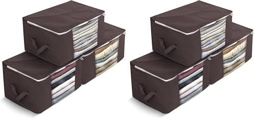 Delka 90L Storage Bags with Lids, Large Storage Boxes with lids, Storage Unit for Clothes, Duvets, Blankets, Toys, Pack of 6 Foldable Organizers with Reinforced Handles and Clear Window (Brown)