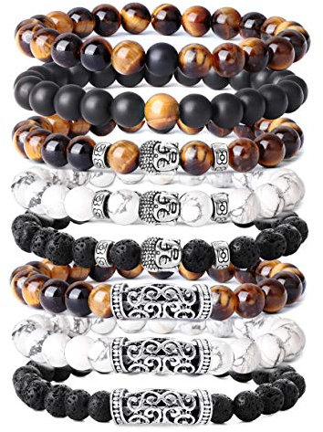 YADOCA 8 Stücke 8 MM Beads Armband Set für Herren - Lava Tigerauge Buddha Kopf Gothic Punk Stil