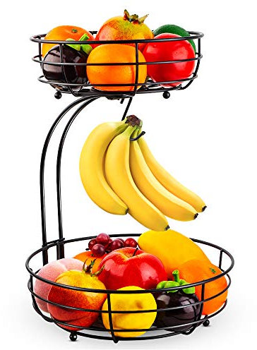 Auledio Corbeille à fruits avec support banane, bol à fruits en métal à 2 niveaux, panier à pain, support de légumes, rangement pour cuisine, noir