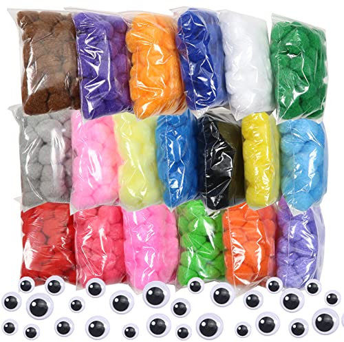 TOAOB 570 Stück Pompon 25mm Bunte Pompons zum Basteln mit 100 Stück Selbstklebend Wackelaugen Flauschigen Plüsch Bälle Kleine Bommeln für Lustige DIY Kreative Handwerk