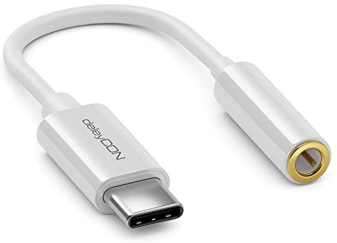 deleyCON 10cm Kopfhörer Adapter USB C auf 3,5mm Klinken Buchse AUX - Kompatibel mit Apple Samsung Google Huawei Xiaomi Smartphone Handy Tablet Laptop PC Surface Kopfhörer Lautsprecher - Weiß