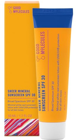 Good Molecules Sheer Mineral Sunscreen SPF 30 50 ml / 1.7 oz - Invisible, Sheer, Zinc Oxide Sunscreen with Hyaluronic Acid - Reef-Safe, Hydrating, Nongreasy UVA/UVB Protection - Skin Care for Face