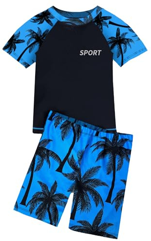 Runhomal Maillot de Bain Enfant Garcon Anti UV T-Shirt Manche Court avec Short de Bain Rashguard pour Surf Natation Plongée Plage Sport Ado 3-16 Ans A Bleu 14-16 Ans