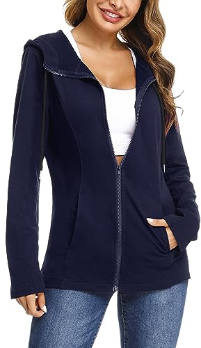 Aottori Sweat à Capuche Femme Cotton Sweatshirt avec Poches Zippé Hoodies Veste de Sport Blousons Casual Printemps Automne Marine XXL
