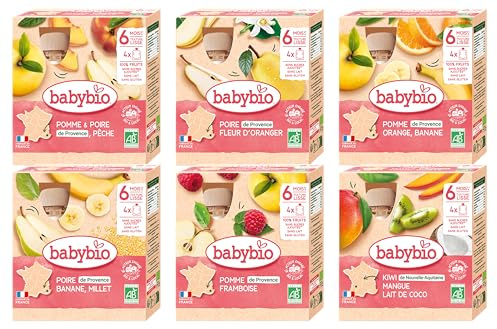 BABYBIO - Gourdes de Purées de Fruits pour bébé - BIO - Dès 6 Mois - 24x90g (4x6 variétés)