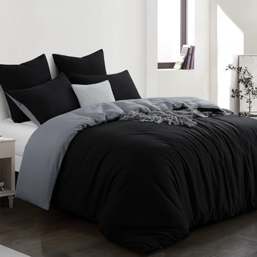 Aisbo Bettwäsche 200x220 3teilig Schwarz Grau - Bettwäsche Sets 1 Bettbezug 200x220 cm + 2 Kissenbezüge 80x80 cm, ÖKO-TEX Wendebettwäsche Weich Mikrofaser mit Reißverschluss