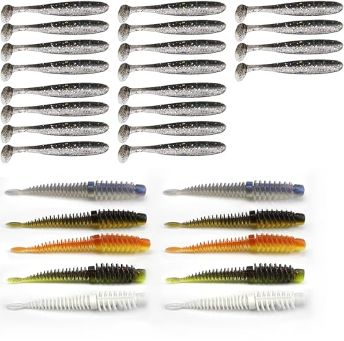 30 PCS Fishing Soft Lures Artificial Plastic Baits with Jig Heads Paddle Tail Swimbaits for Bass 5.5cm and 7.5cm Two Sizes Durable and Realistic Fishing Accessories