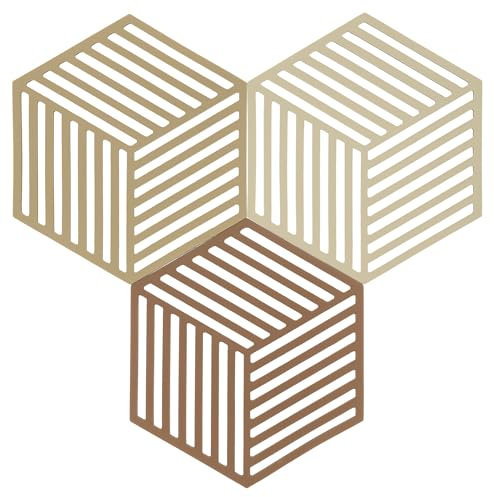 Zone Denmark Hexagon Topfuntersetzer Hitzebeständig, Silikon Untersetzer, Praktische und Dekorative Topf-Untersetzer, 16 x 14 cm, 3 Stück, Khaki/Warm Sand/Almond
