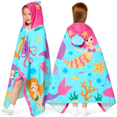 Joiedomi Mermaid Hooded Towels for Kids Soft 100% Cotton Kids Beach Towel 30 x 50 for 3-10 Years Boy Girl Beach Hooded Poncho Absorbent Pool Toddler Swim Bath Wrap