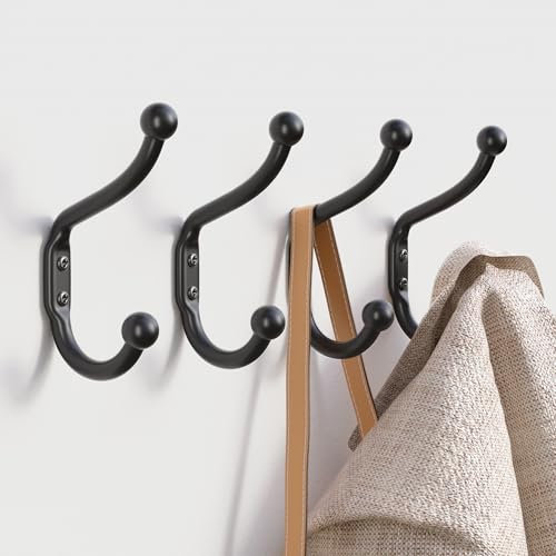 Josmimic Kleine Wandhaken 9,5 cm für Jacken – Schwarze Wandhaken zum Einschrauben für Wand, Tür, Bad, Dusche, Kleiderschrank, Flur – Metallhaken für Handtücher, Kleidung, Taschen, Schlüssel – 4 Stück