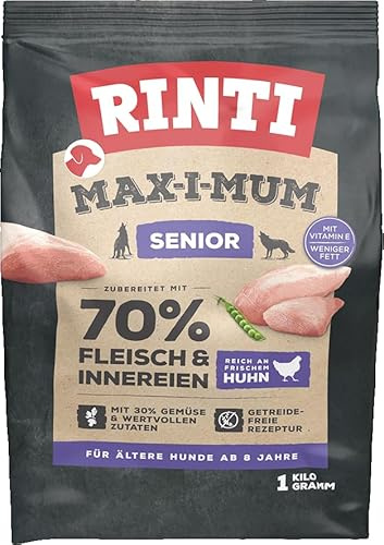 RINTI - Max-i-Mum Senior Nourriture sèche pour Chiens âgés à partir de 8 Ans avec 70% de Viande & abats Aliment Complet sans céréales avec Un Rapport protéines/Graisses équilibré | 7 x 1 kg de Poulet