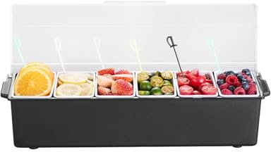 VEVOR Contenitore per Condimenti Refrigerato a Ghiaccio di 6 Scomparti, Contenitore per Condimenti da Cucina Vassoio per Guarnizioni Refrigerato con Coperchio per Bar Ristorante Catering