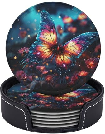 Drink Coasters Heat Resistant Leather Coaster Set of 6 for Drink Butterfly in The Milky Way Coffee Cup Mat Round Tabletop Protection Pad with Holder 4