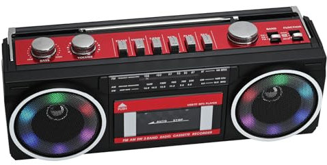 Reproductor de Casete portátil Boombox, Radio estéreo Am/FM/SW, Reproductor de Casete, grabadora de MP3, Bluetooth, USB, Luces RGB, Tarjeta TF (Rojo)