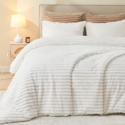 EMME Ropa de cama de felpa a rayas, 135 x 200 cm, cama de invierno de imitación de piel de conejo con elegante diseño de rayas, funda nórdica ultra suave con cremallera y 1 funda de almohada de 80 x