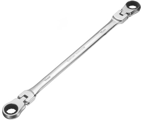 sourcing map Double Box End Wrench Extra Long Flex Head Metric 14 x 15 mm 72-Tooth 12-Point Ratcheting Double Box End Wrench 180 Degree Flex Head CR-V Steel for Garage Repair DIY, Silver