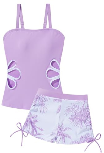 Happy Cherry Trajes de baño para niñas de 2 piezas, conjunto de tankini top de verano con pantalones cortos estampados completos mar playa piscina para niñas adolescentes 9-16 años, violeta, 13-14
