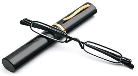 KoKoBin Mini Slim Reading Glasses Spring Hinge Metal Reading Aid Unisex with Case (Black, +2.5)