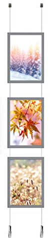 A4 Portrait Landscape Hanging Snap Frame Ceiling To Floor Steel Rope Window Display Mitered Aluminium Posters Holder Click Frames Picture Clip Retail Notice Boards (Kit with 3 Frames)