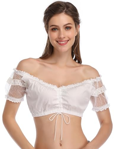 GloryStar Women's Bavarian Oktoberfest Costume Traditional Lace Off Shoulder Dirndl Blouse Beer Garden Crop Top M White