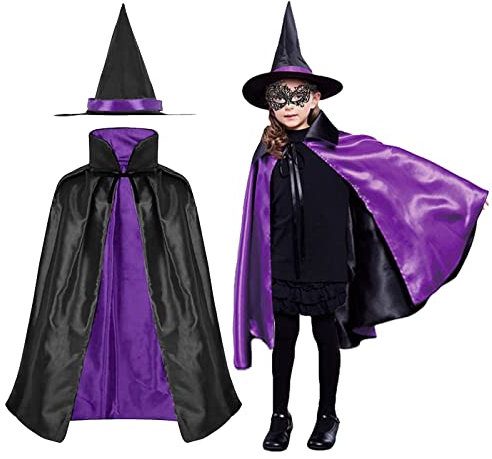 MIVAIUN Cape et Chapeau de Sorcière, Costume de Magicien, Double Face Vampire Demon Cape pour Enfants Adultes, Violet et Noir, 90 cm, pour Cosplay, Soirées Masquées,Noël de Pâques, Halloween (Violet)