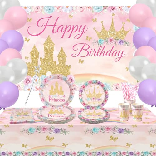 Ywediim Fournitures de fête de princesse, comprend bannière, assiette, du tulle, ballons, serviettes, nappe, décorations de fête d'anniversaire filles pour 20 invités (style a)