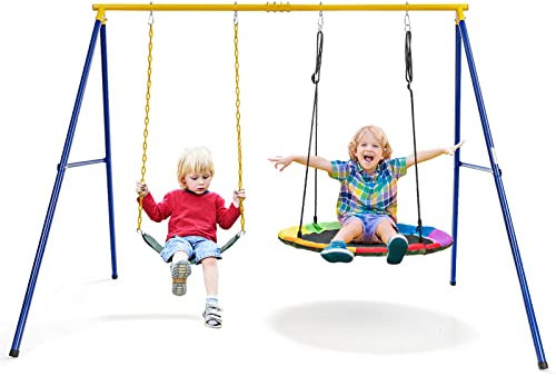 DREAMADE Balançoire pour Enfants 3+ Ans & Adultes, Charge Max. 300KG avec Support de Balançoire et 2 Siège de Balançoires (Portique+2 Balançoires)