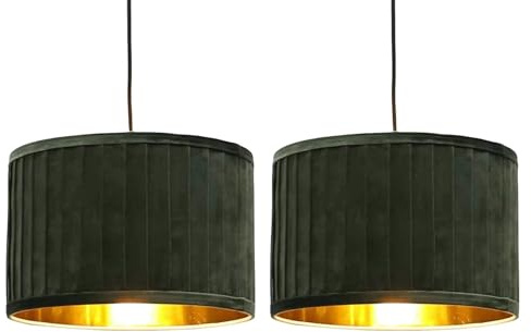 firstchoicelighting Set of 2 Modern Ceiling Pendant Shades, Dark Green Pleated Velvet with Gold Inner, Easy Fit 30cm Lampshades