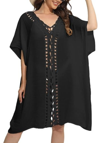 Baynetin Damen Strandkleid Bikini Cover Up Einteilig,V-Ausschnitt Sommer Strandurlaub Cutout Strandponcho Strandurlaub Badeanzug Beachwear (Schwarz)